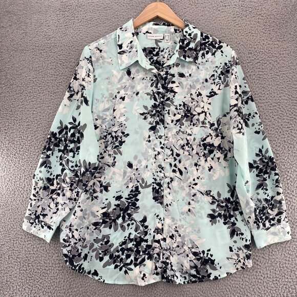 Susan Graver Top Womens 20W Plus Green Floral Button Collar Long Sleeve Blouse - Picture 1 of 9